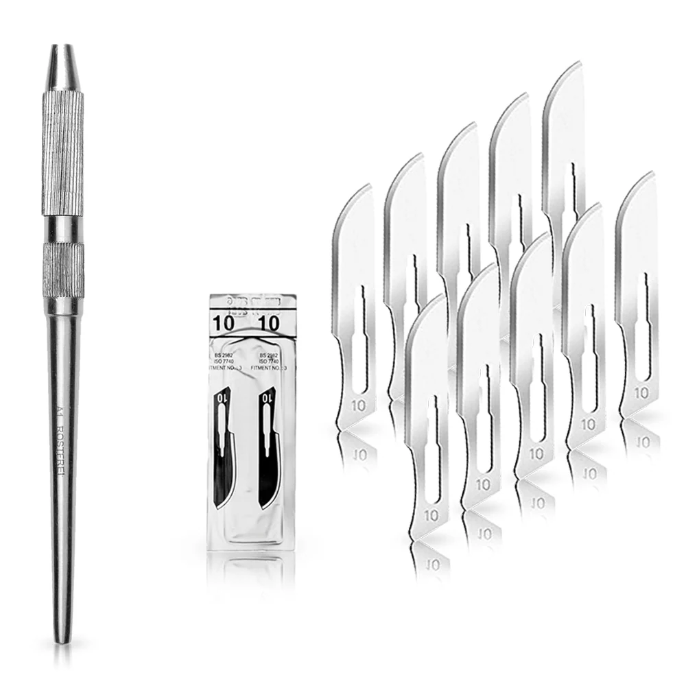 Set - 10 stycken skalpellsblad figur 10 av kolstål - reservblad individuellt sterilt förpackade + 1 x May - universell ska...