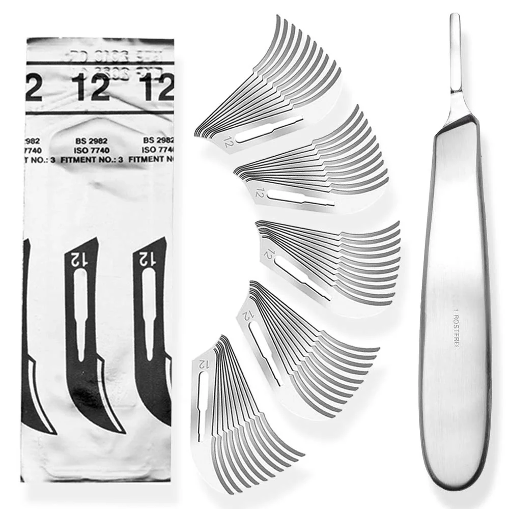 Set - 50 stycken skalpellsblad figur 12 av kolstål - reservblad individuellt sterilt förpackade + 1 x May - skalpellhållar...