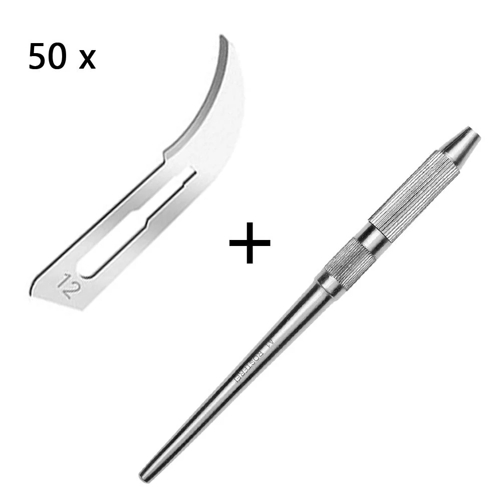 Set - 50 stycken skalpellsblad figur 12 av kolstål - reservblad individuellt sterilt förpackade + 1 x May - universell ska...