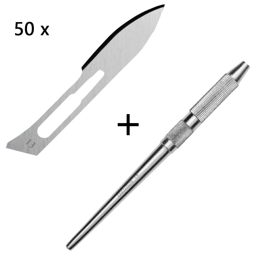 Set - 50 stycken skalpellsblad figur 13 av kolstål - reservblad individuellt sterilt förpackade + 1 x May - universell ska...