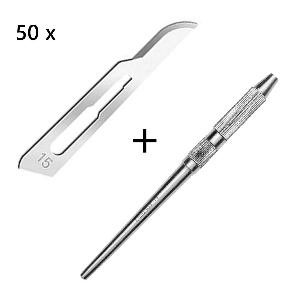 Set - 50 stycken skalpellsblad figur 15 av kolstål - reservblad individuellt sterilt förpackade + 1 x May - universell ska...
