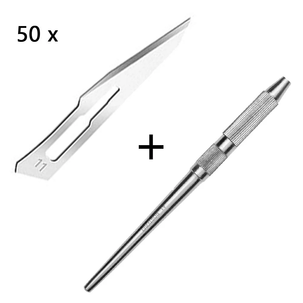 Set - 50 stycken skalpellsblad figur 11 av kolstål - reservblad individuellt sterilt förpackade + 1 x May - universell ska...