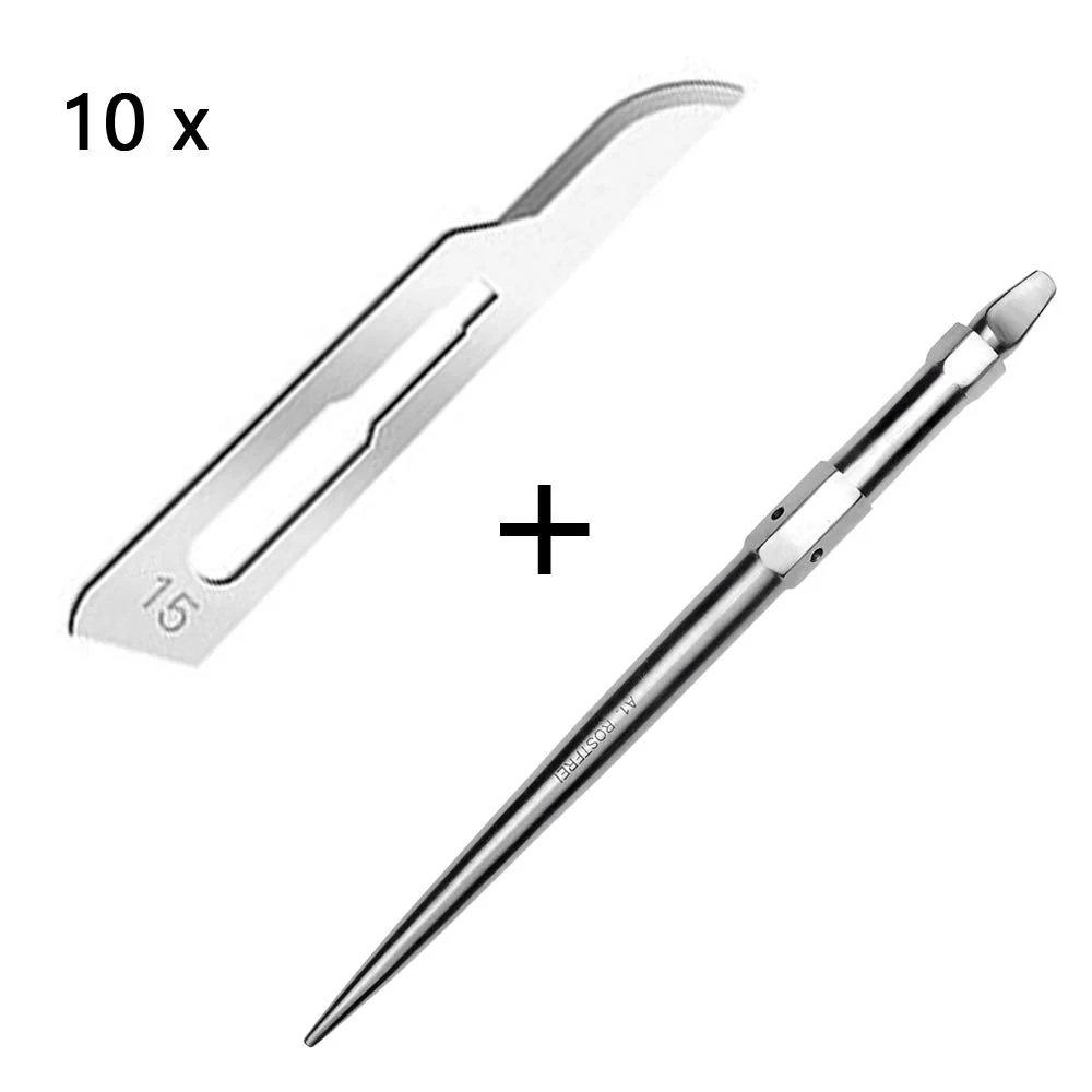 Set - 10 stycken skalpellsblad figur 15 av kolstål - reservblad individuellt sterilt förpackade + 1 x May - universell ska...