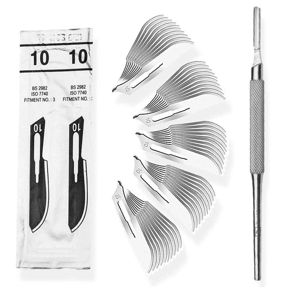 Set - 50 stycken skalpellsblad figur 10 av kolstål - reservblad individuellt sterilt förpackade + 1 x May - skalpellhållar...
