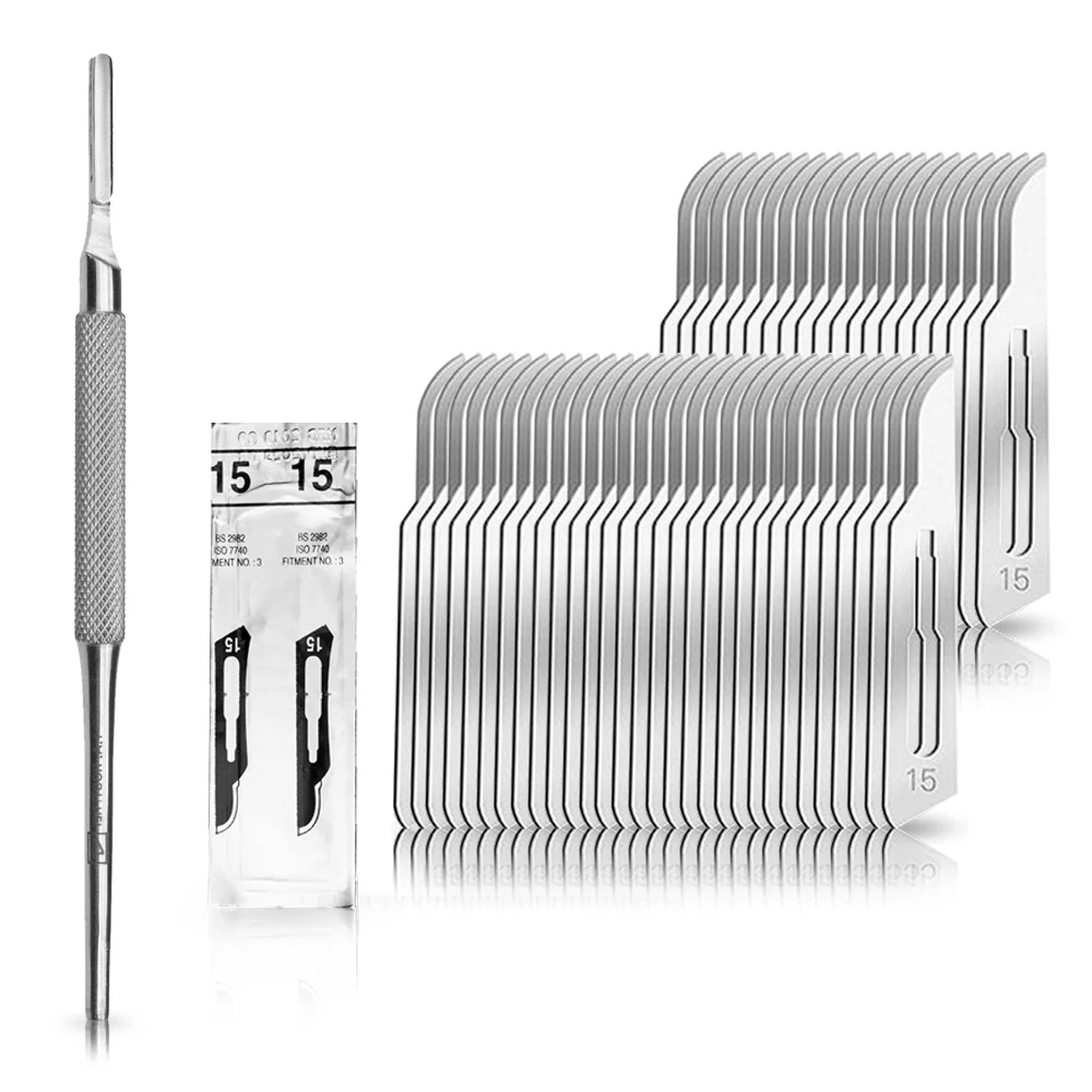 Set - 50 stycken skalpellsblad figur 15 av kolstål - reservblad individuellt sterilt förpackade + 1 x May - skalpellhållar...