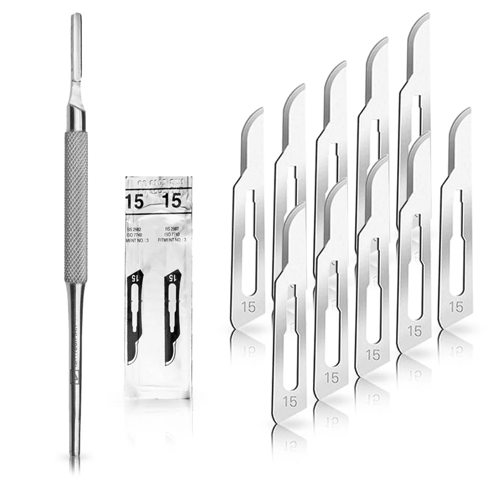 Set - 10 stycken skalpellsblad figur 15 av kolstål - reservblad individuellt sterilt förpackade + 1 x May - skalpellhållar...