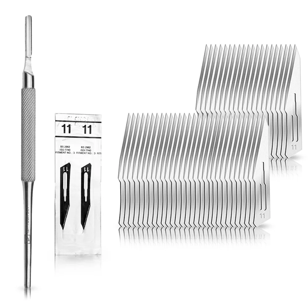 Set - 50 stycken skalpellsblad figur 11 av kolstål - reservblad individuellt sterilt förpackade + 1 x May - skalpellhållar...