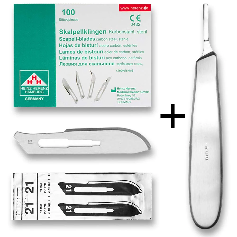 Set - 100 stycken skalpellsblad figur 21 av kolstål - reservblad individuellt sterilt förpackade + 1 x May - skalpellhålla...