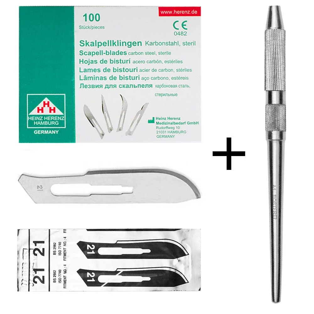 Set - 100 stycken skalpellsblad figur 21 av kolstål - reservblad individuellt sterilt förpackade + 1 x May - universell sk...