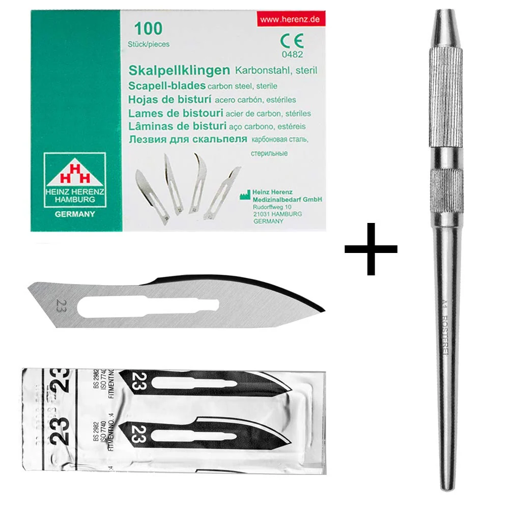 Set - 100 stycken skalpellsblad figur 23 av kolstål - reservblad individuellt sterilt förpackade + 1 x May - universell sk...