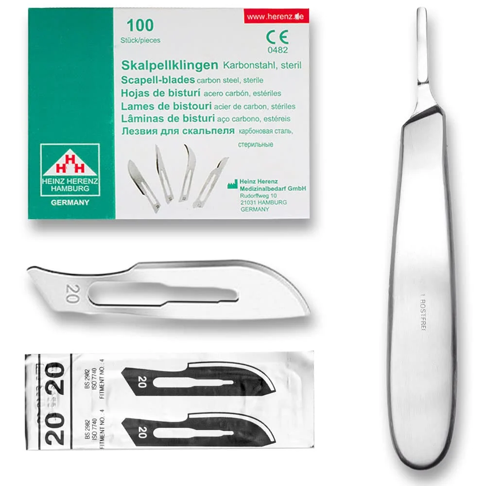 Set - 100 stycken skalpellsblad figur 20 av kolstål - reservblad individuellt sterilt förpackade + 1 x May - skalpellhålla...
