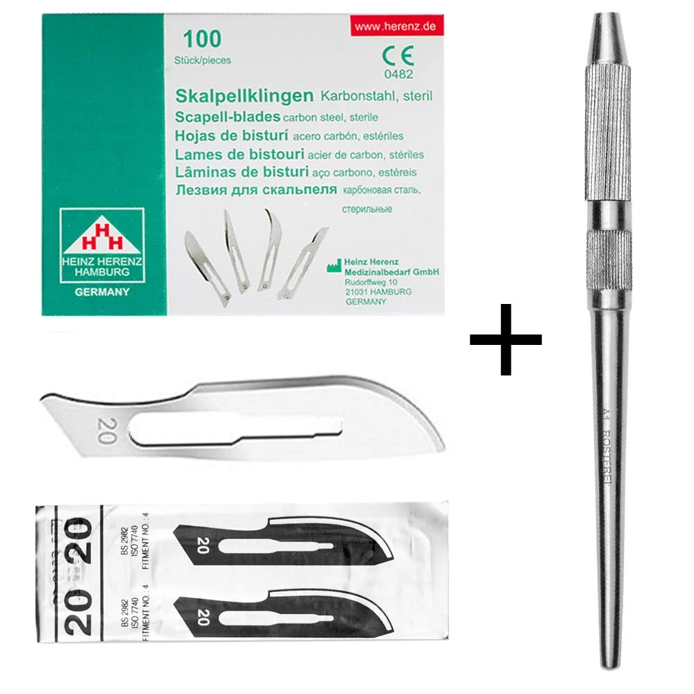 Set - 100 stycken skalpellsblad figur 20 av kolstål - reservblad individuellt sterilt förpackade + 1 x May - universell sk...
