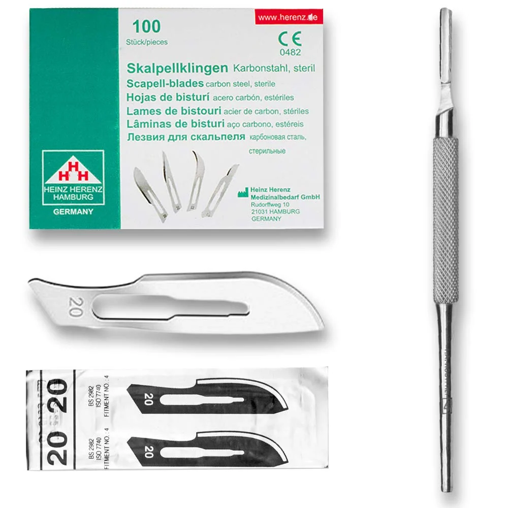 Set - 100 stycken skalpellsblad figur 20 av kolstål - reservblad individuellt sterilt förpackade + 1 x May - skalpellhålla...