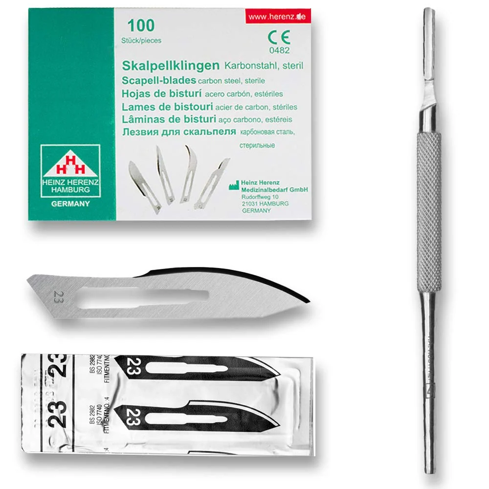 Set - 100 stycken skalpellsblad figur 23 av kolstål - reservblad individuellt sterilt förpackade + 1 x May - skalpellhålla...