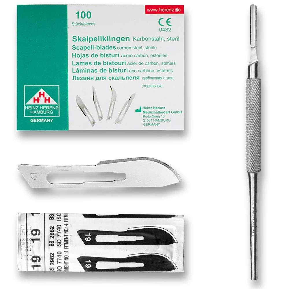 Set - 100 stycken skalpellsblad figur 19 av kolstål - reservblad individuellt sterilt förpackade + 1 x May - skalpellhålla...