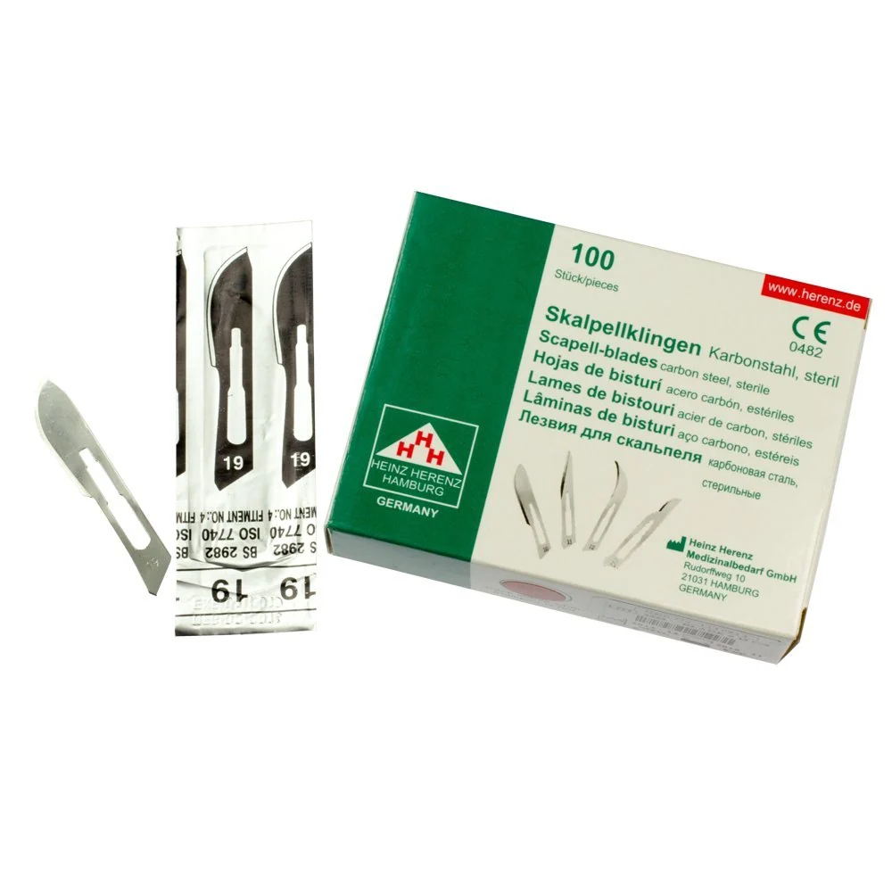 Set - 100 stycken skalpellsblad figur 19 av kolstål - reservblad individuellt sterilt förpackade + 1 x May - skalpellhålla...