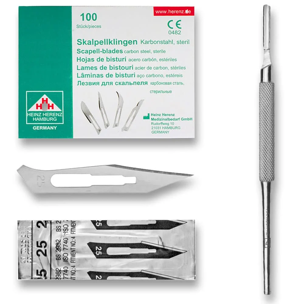 Set - 100 stycken skalpellsblad figur 25 av kolstål - reservblad individuellt sterilt förpackade + 1 x May - skalpellhålla...