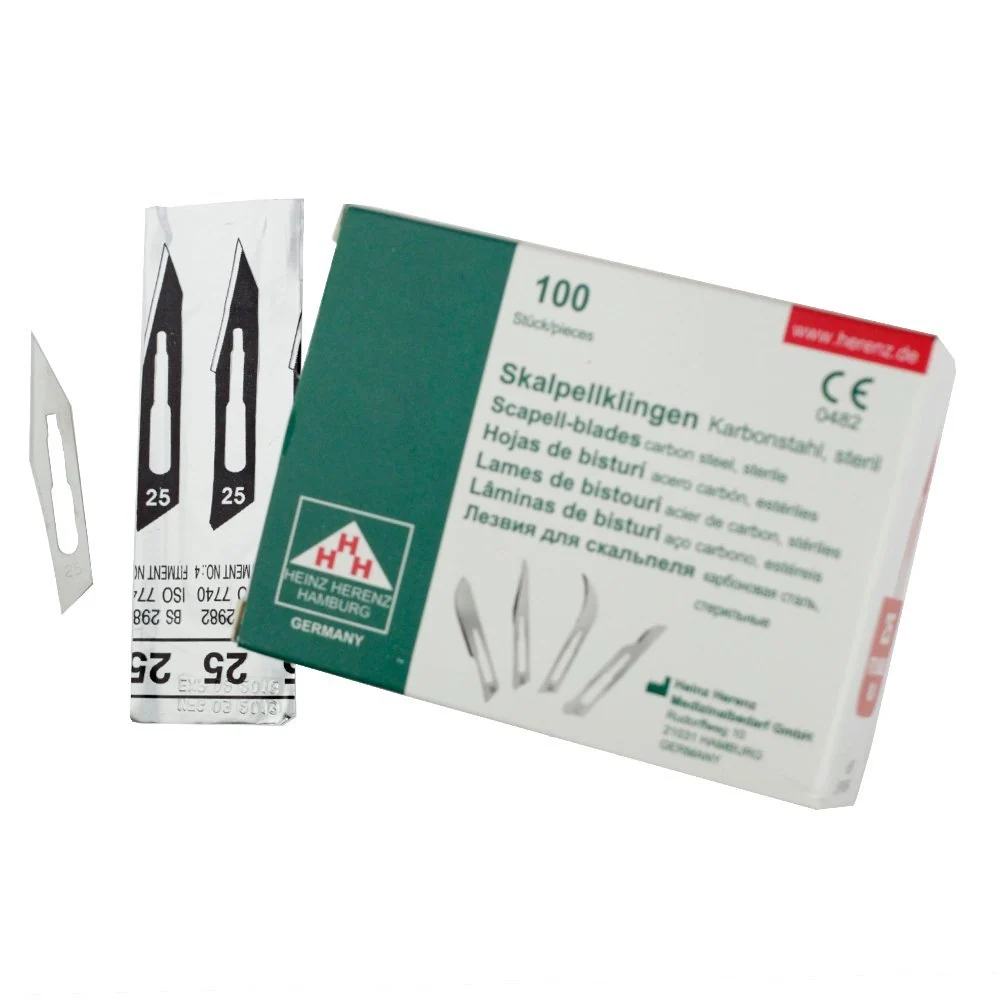 Set - 100 stycken skalpellsblad figur 25 av kolstål - reservblad individuellt sterilt förpackade + 1 x May - skalpellhålla...