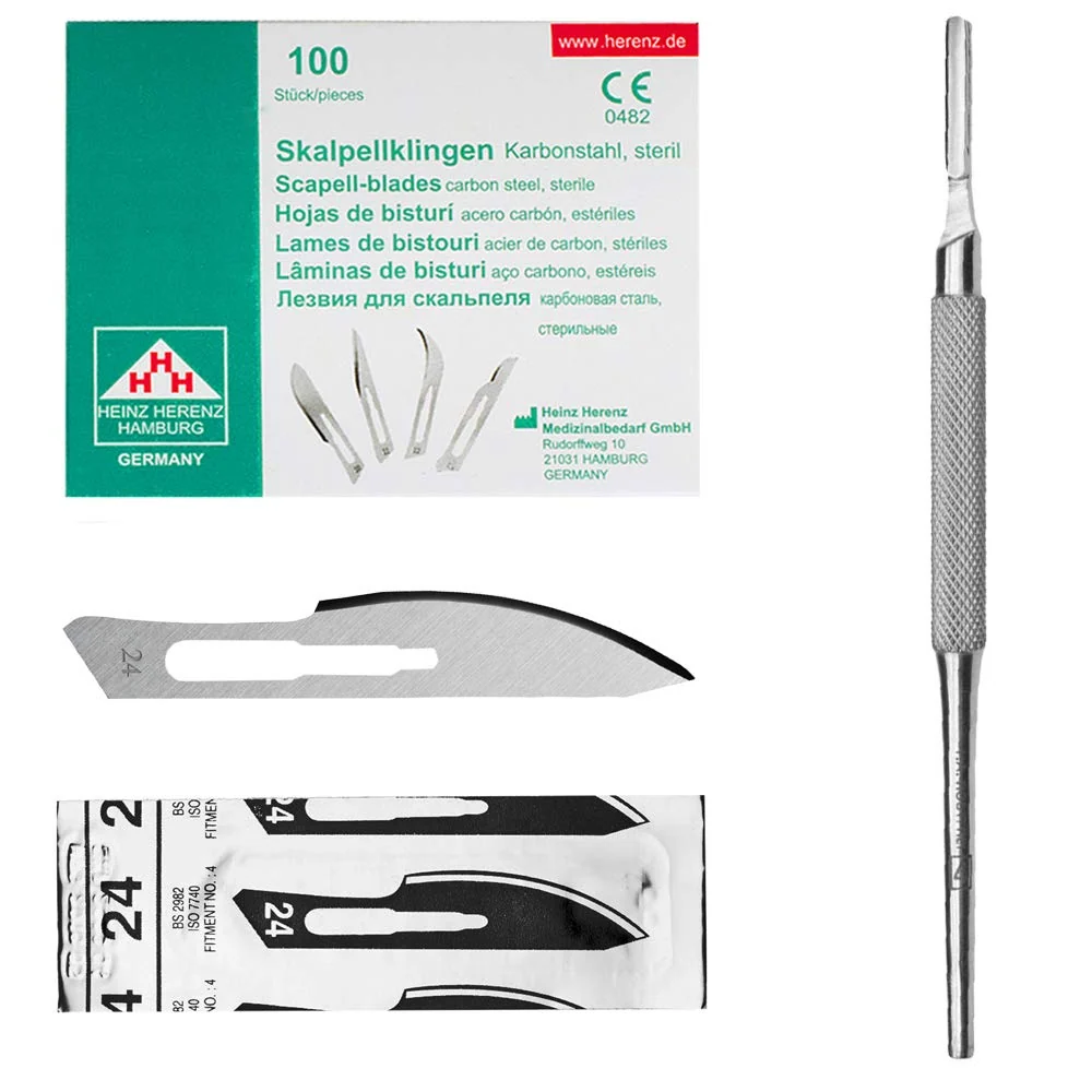 Set - 100 stycken skalpellsblad figur 24 av kolstål - reservblad individuellt sterilt förpackade + 1 x May - skalpellhålla...