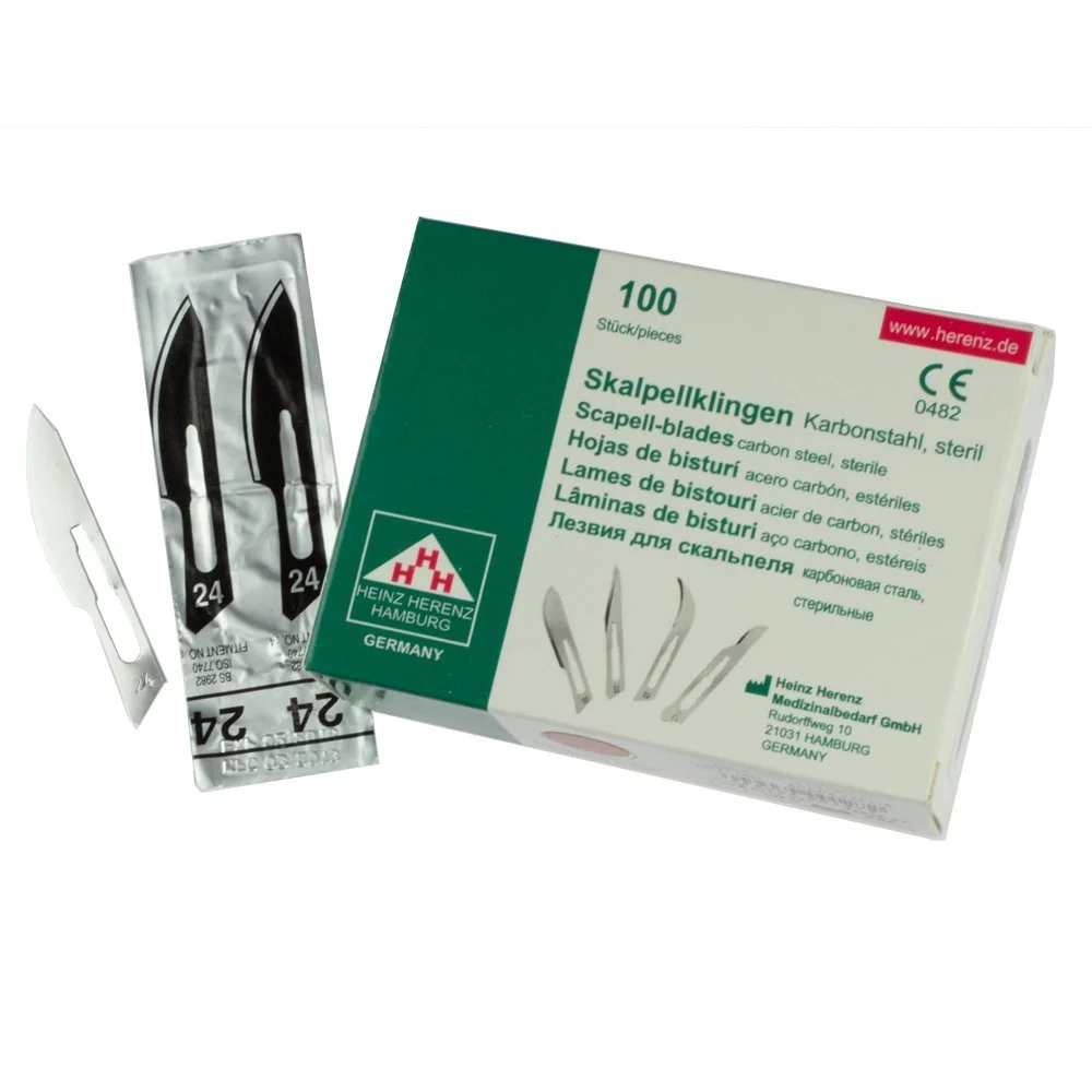 Set - 100 stycken skalpellsblad figur 24 av kolstål - reservblad individuellt sterilt förpackade + 1 x May - skalpellhålla...