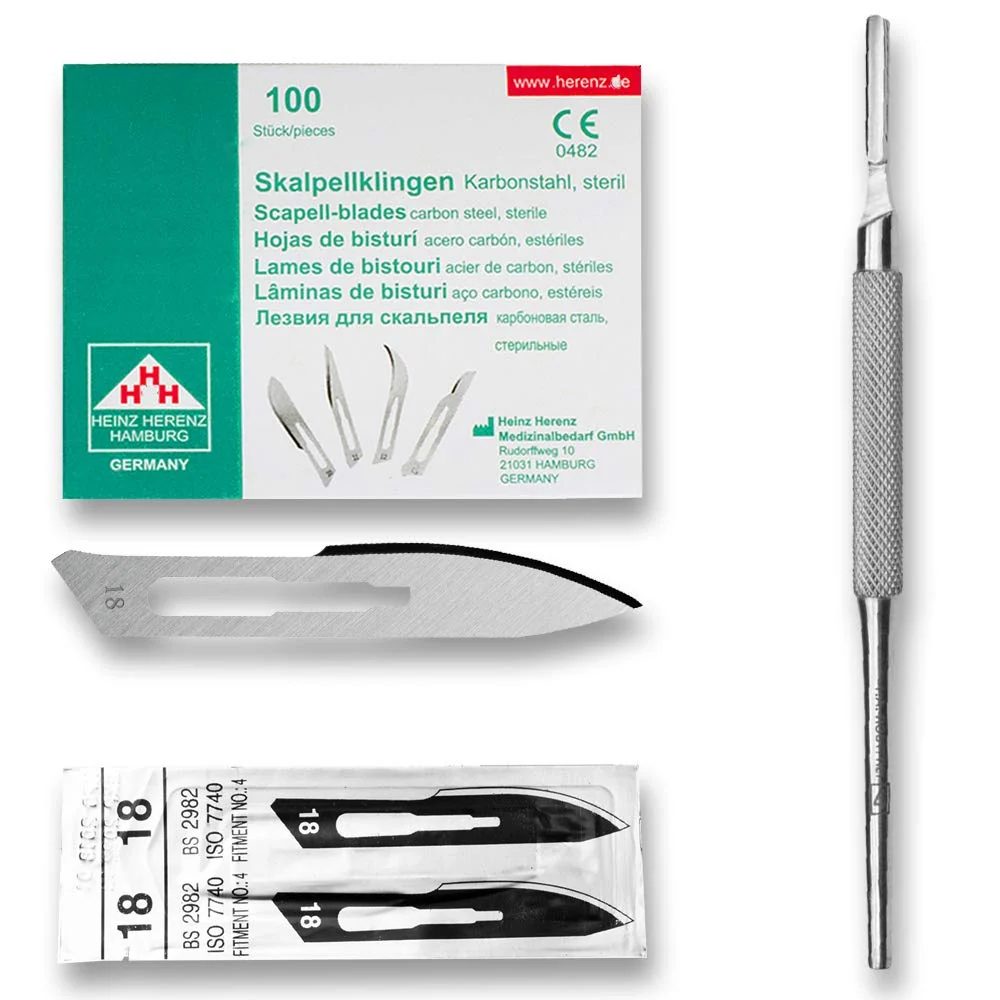 Set - 100 stycken skalpellsblad figur 18 av kolstål - reservblad individuellt sterilt förpackade + 1 x May - skalpellhålla...