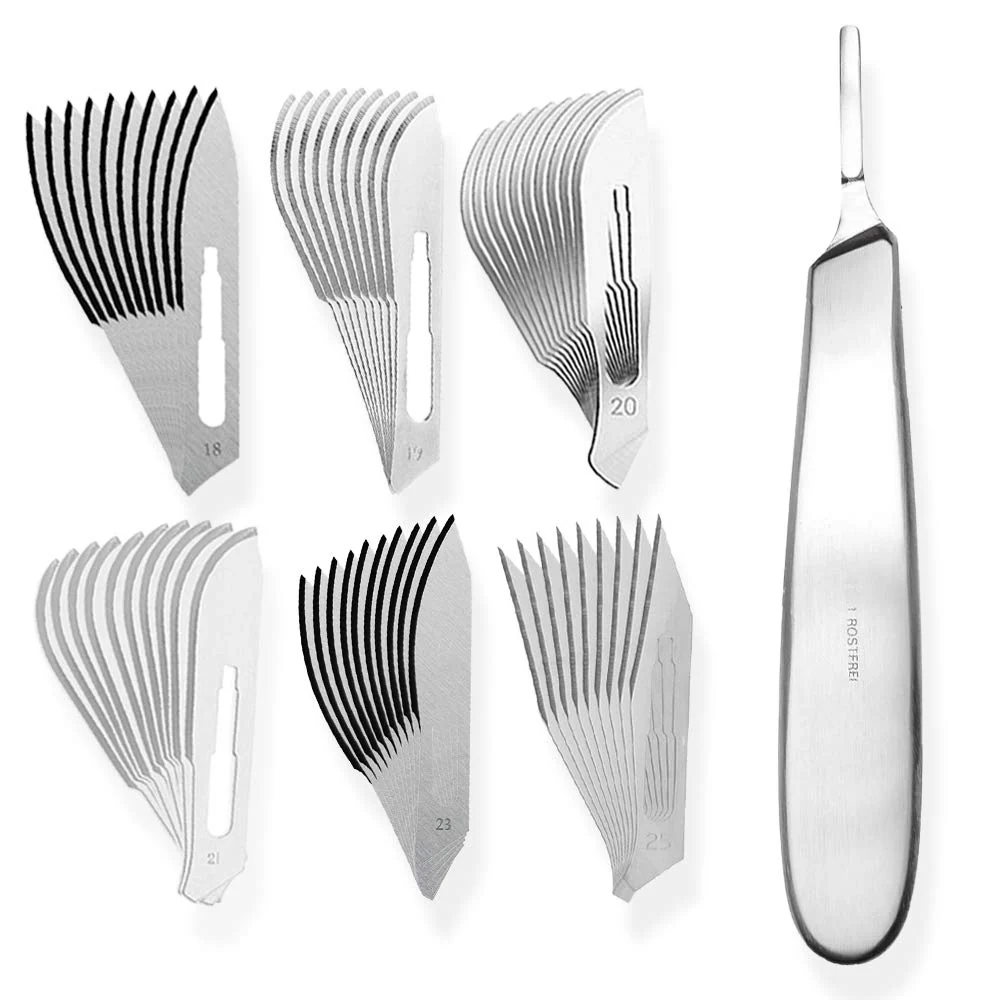 Set bestående av blandning av 10 stycken skalpellsblad figur 4 i 6 olika utföranden + 1 x May - skalpellhållare 13,5 cm lå...