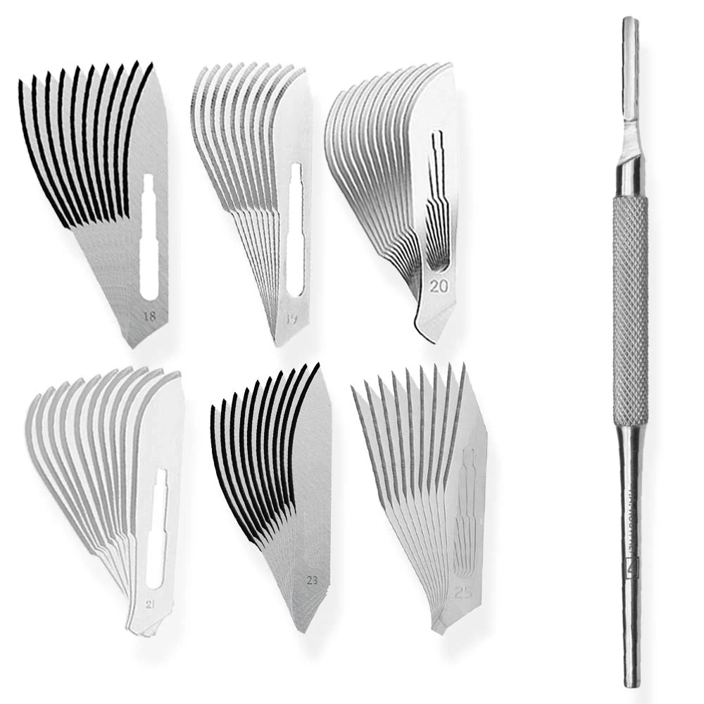 Set bestående av blandning av 10 stycken skalpellsblad figur 4 i 6 olika utföranden + 1 x May - skalpellhållare 15,5 cm lå...