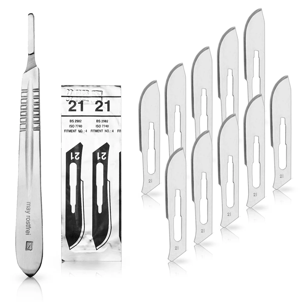 Set - 10 stycken skalpellblad figur 21 av kolstål - reservblad individuellt sterilt förpackade + 1 x May - skalpellhållare...