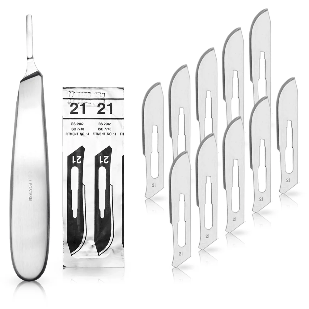 Set - 10 stycken skalpellsblad figur 21 av kolstål - reservblad individuellt sterilt förpackade + 1 x May - skalpellhållar...