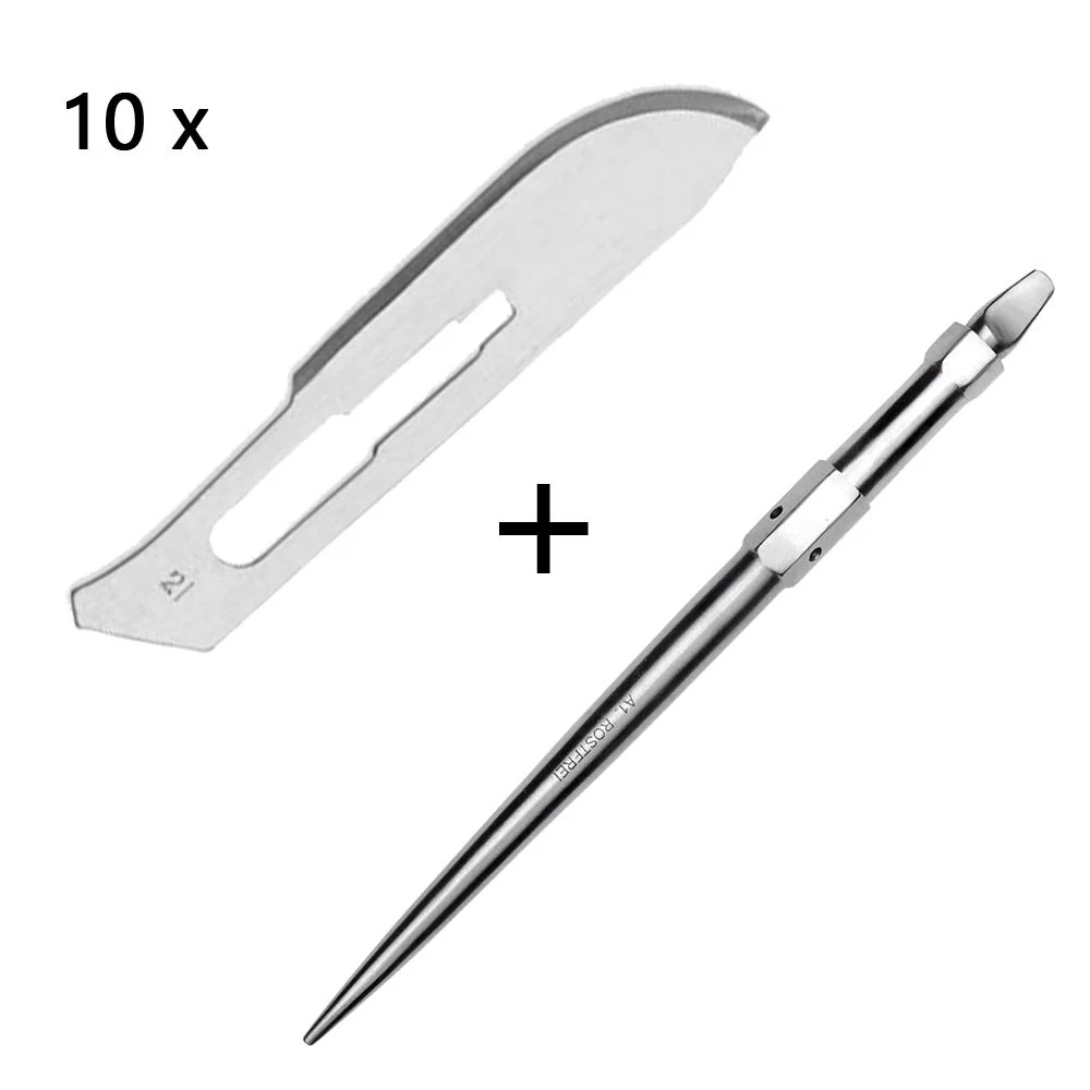 Set - 10 stycken skalpellsblad figur 21 av kolstål - reservblad individuellt sterilt förpackade + 1 x May - universell ska...