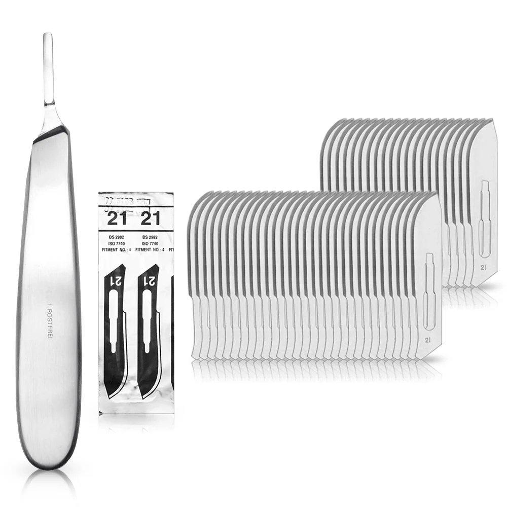 Set - 50 stycken skalpellsblad figur 21 av kolstål - reservblad individuellt sterilt förpackade + 1 x May - skalpellhållar...