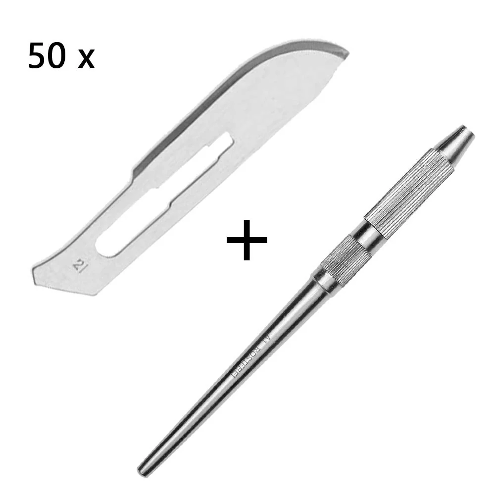 Set - 50 stycken skalpellsblad figur 21 av kolstål - reservblad individuellt sterilt förpackade + 1 x May - universell ska...