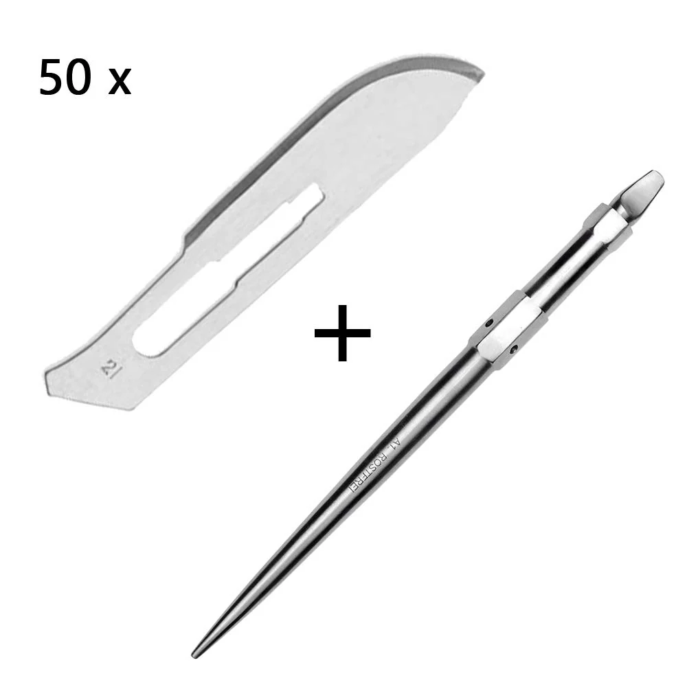 Set - 50 stycken skalpellsblad figur 21 av kolstål - reservblad individuellt sterilt förpackade + 1 x May - universell ska...