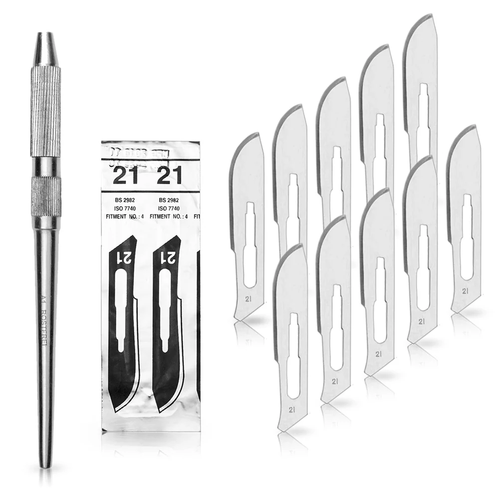 Set - 10 stycken skalpellsblad figur 21 av kolstål - reservblad individuellt sterilt förpackade + 1 x May - universell ska...