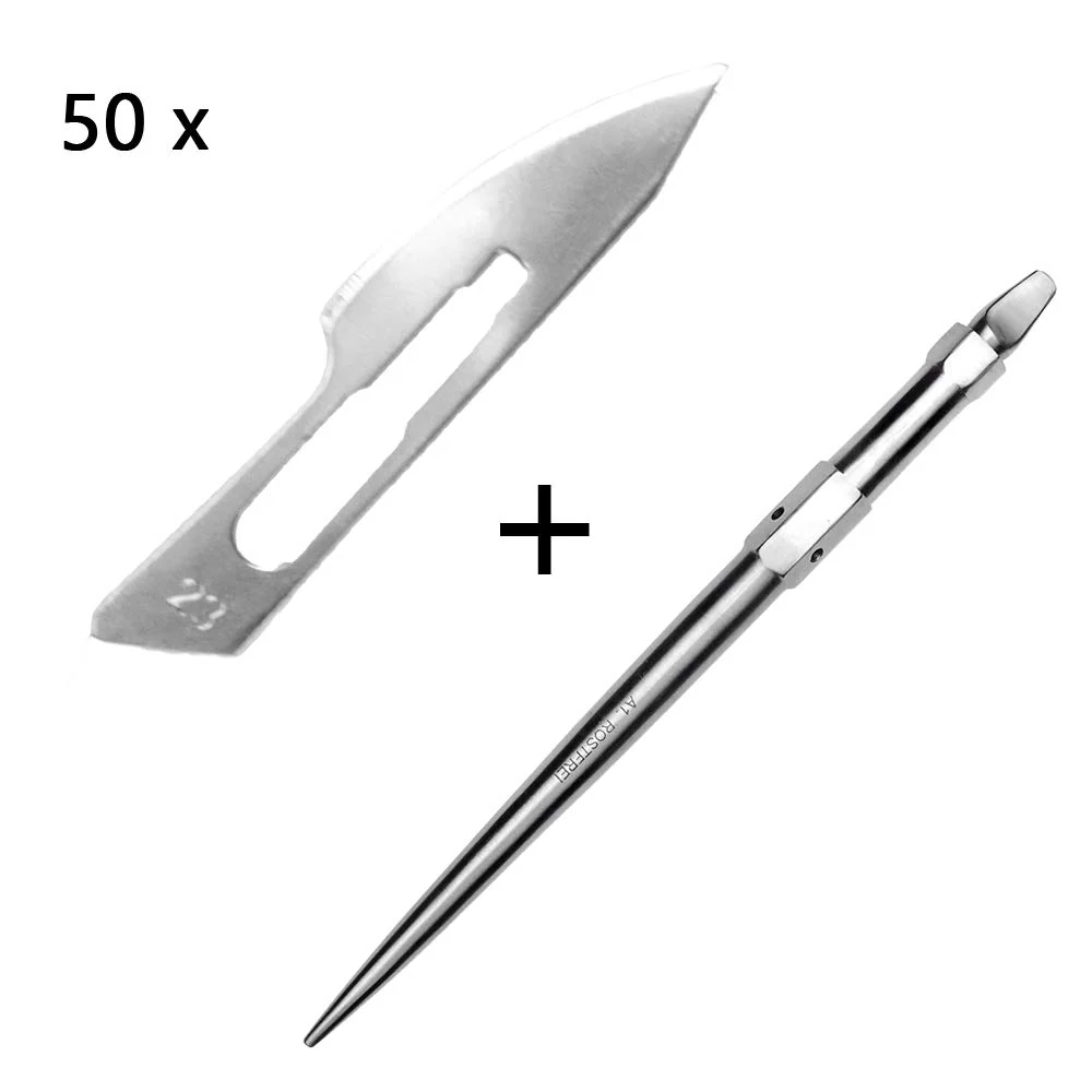 Set - 50 stycken skalpellsblad figur 23 av kolstål - reservblad individuellt sterilt förpackade + 1 x May - universell ska...