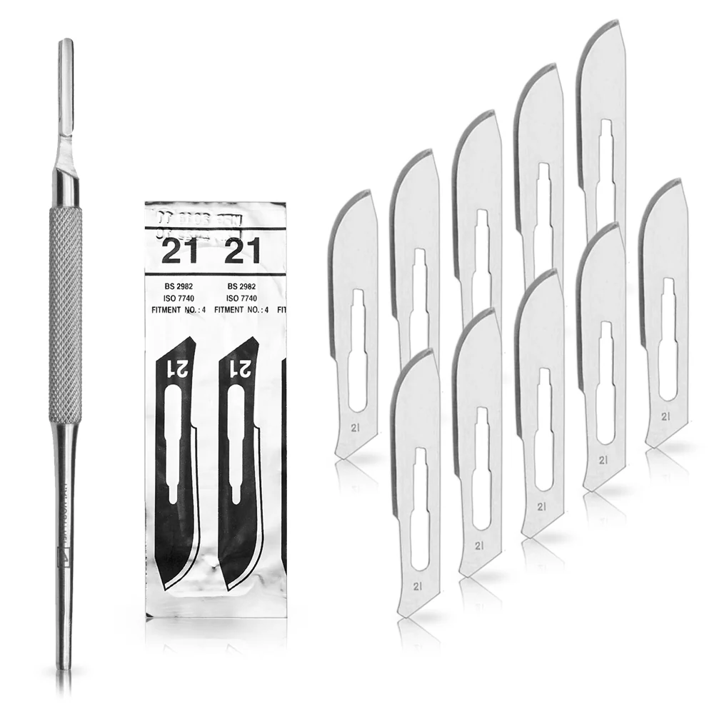Set - 10 stycken skalpellsblad figur 21 av kolstål - reservblad individuellt sterilt förpackade + 1 x May - skalpellhållar...