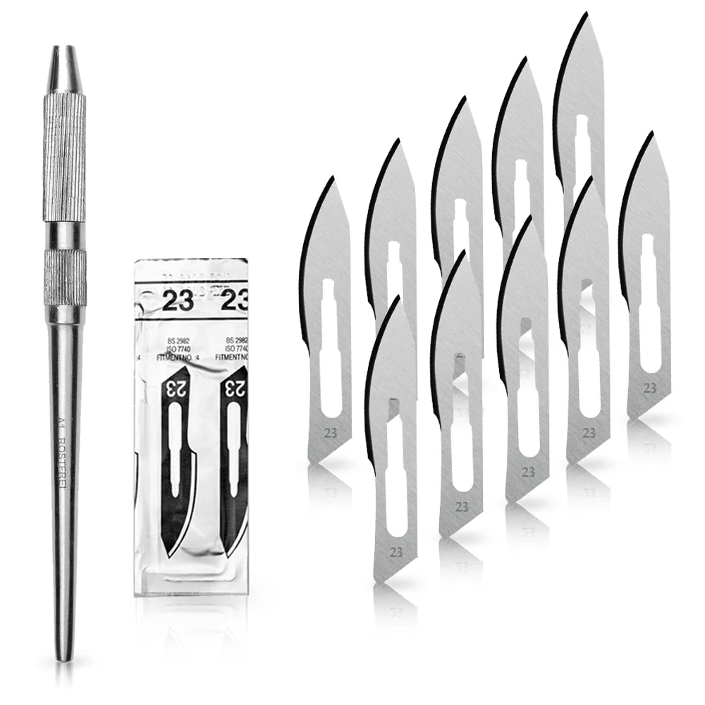 Set - 10 stycken skalpellsblad figur 23 av kolstål - reservblad individuellt sterilt förpackade + 1 x May - universell ska...