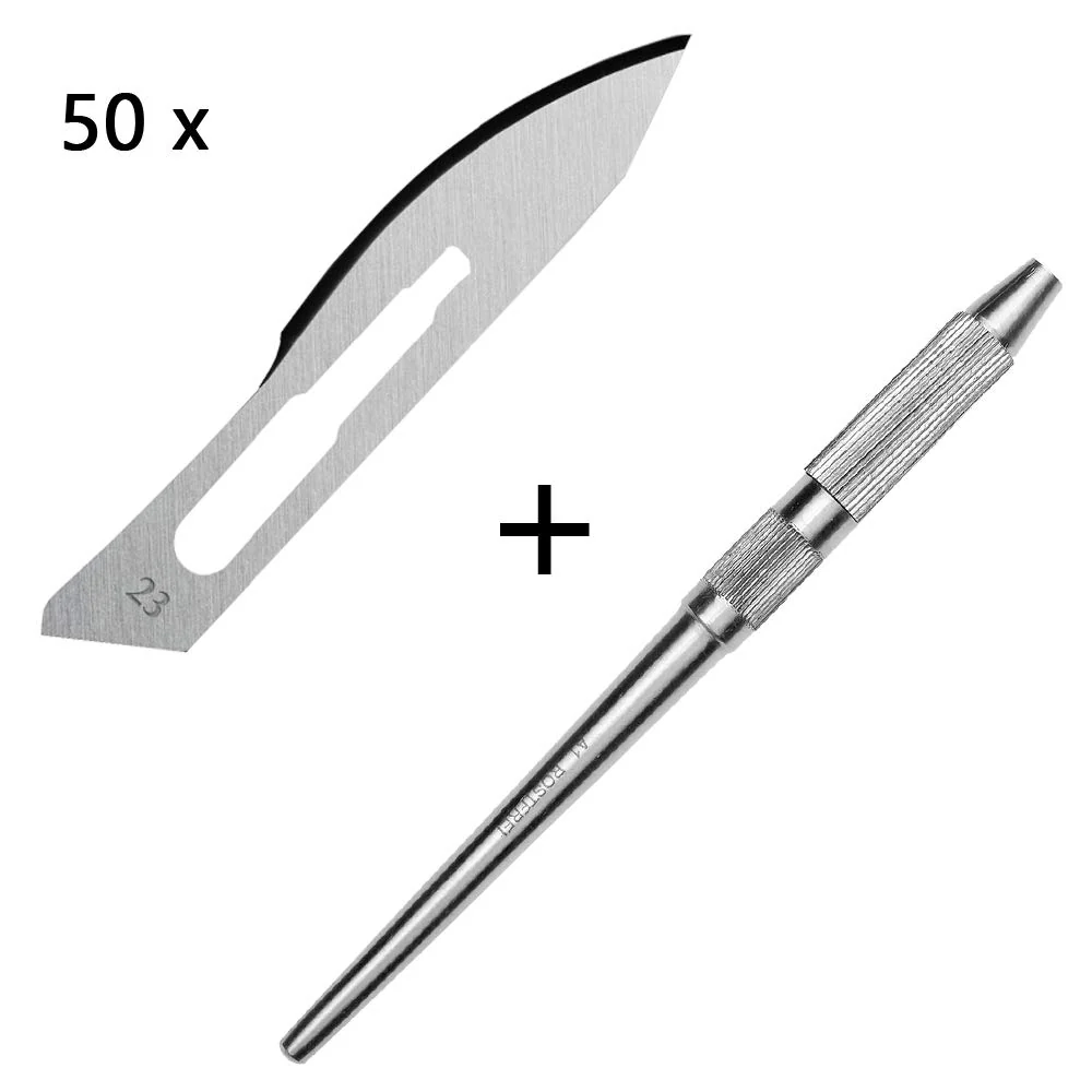 Set - 50 stycken skalpellsblad figur 23 av kolstål - reservblad individuellt sterilt förpackade + 1 x May - universell ska...
