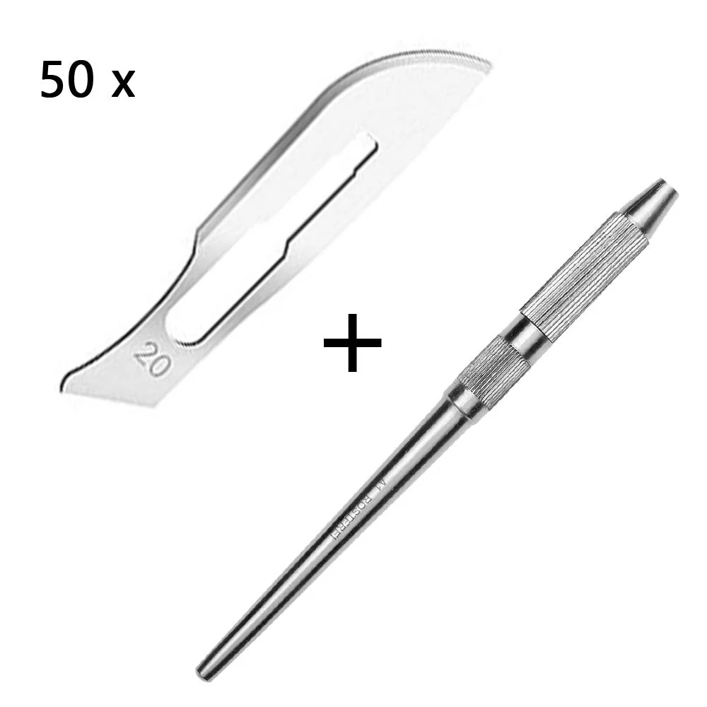 Set - 50 stycken skalpellsblad figur 20 av kolstål - reservblad individuellt sterilt förpackade + 1 x May - universell ska...
