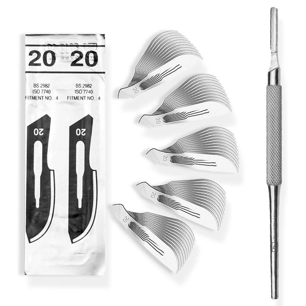 Set - 50 stycken skalpellsblad figur 20 av kolstål - reservblad individuellt sterilt förpackade + 1 x May - skalpellhållar...