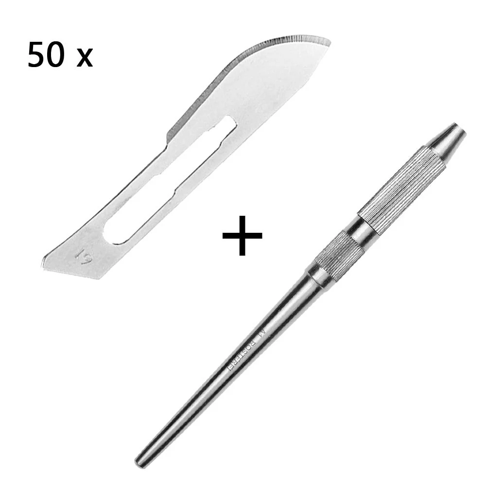 Set - 50 stycken skalpellsblad figur 19 av kolstål - reservblad individuellt sterilt förpackade + 1 x May - universell ska...