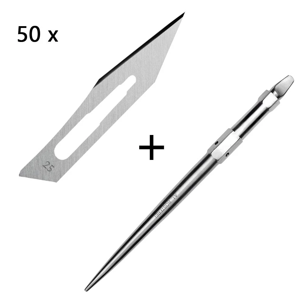 Set - 50 stycken skalpellsblad figur 25 av kolstål - reservblad individuellt sterilt förpackade + 1 x May - universell ska...