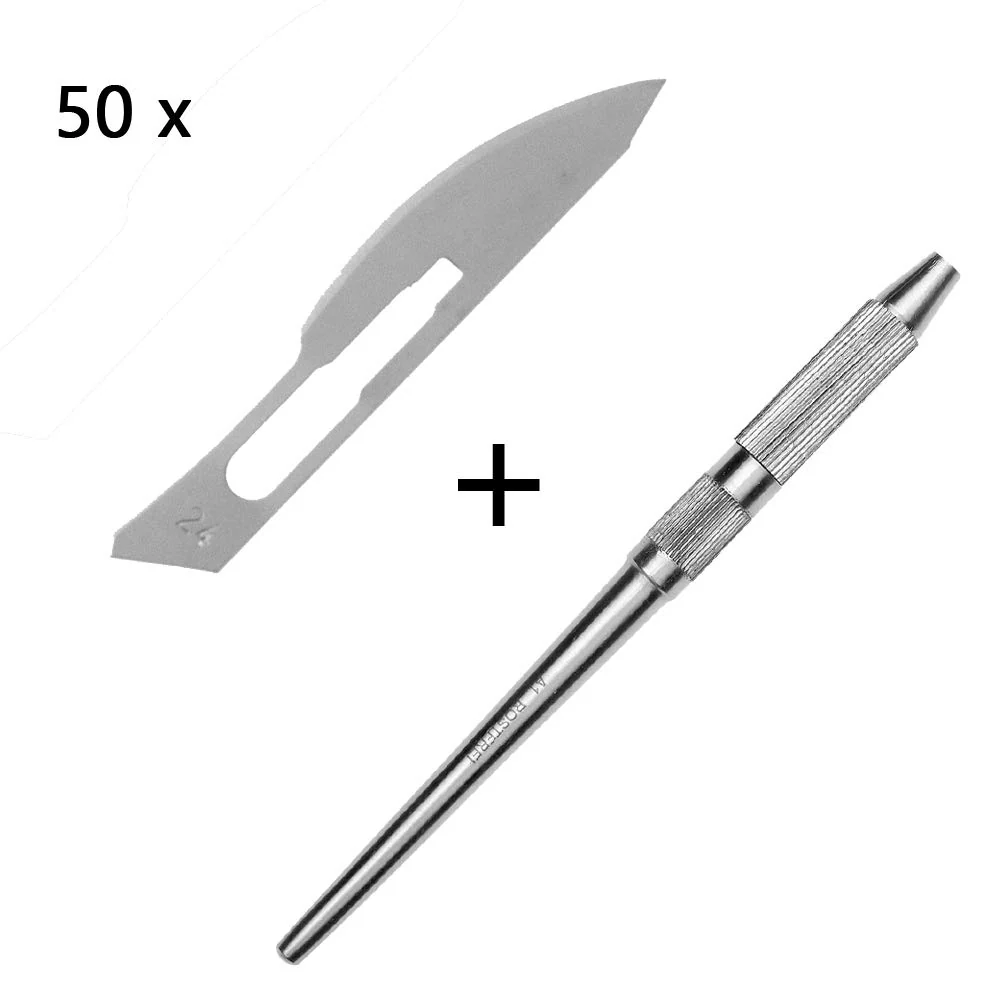 Set - 50 stycken skalpellsblad figur 24 av kolstål - reservblad individuellt sterilt förpackade + 1 x May - universell ska...