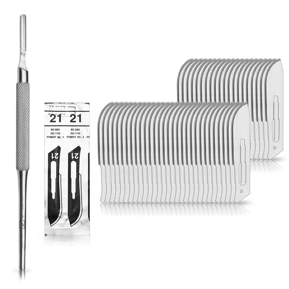 Set - 50 stycken skalpellsblad figur 21 av kolstål - reservblad individuellt sterilt förpackade + 1 x May - skalpellhållar...