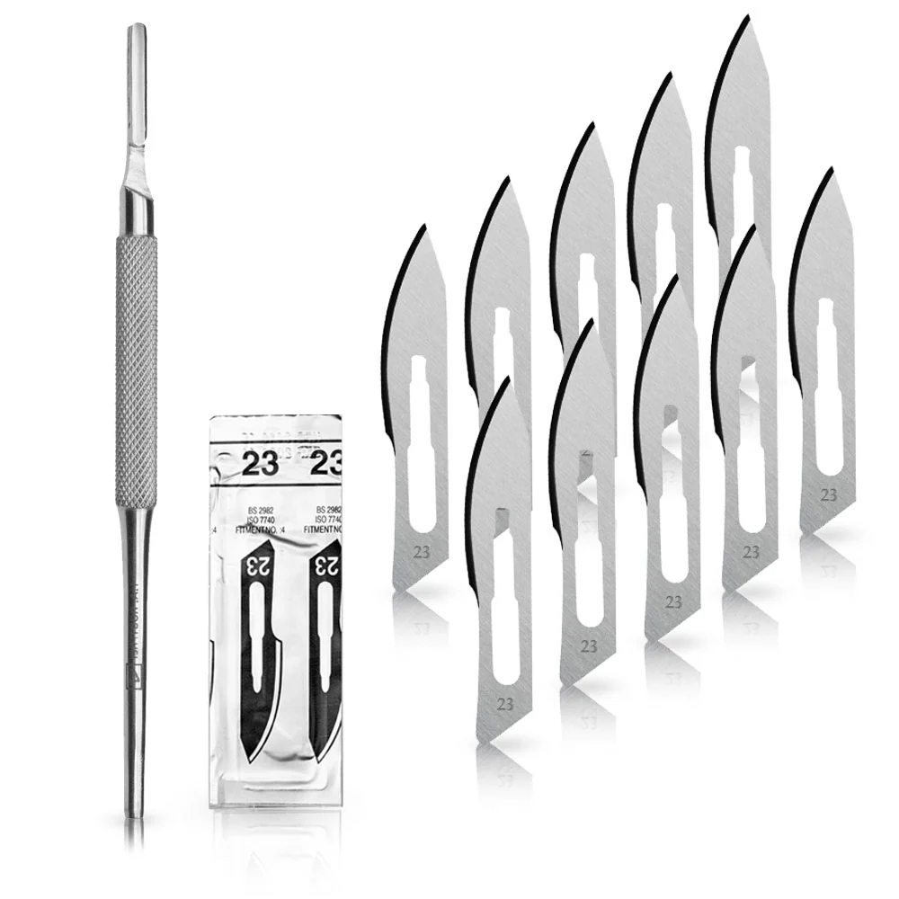 Set - 10 stycken skalpellsblad figur 23 av kolstål - reservblad individuellt sterilt förpackade + 1 x May - skalpellhållar...