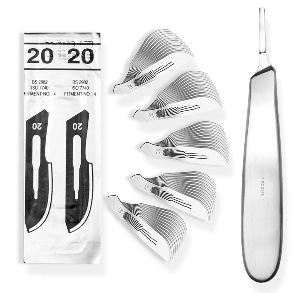 Set - 50 stycken skalpellsblad figur 20 av kolstål - reservblad individuellt sterilt förpackade + 1 x May - skalpellhållar...