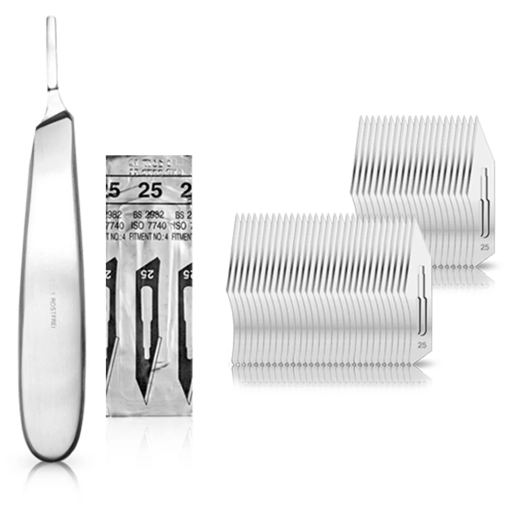 Set - 50 stycken skalpellsblad figur 25 av kolstål - reservblad individuellt sterilt förpackade + 1 x May - skalpellhållar...