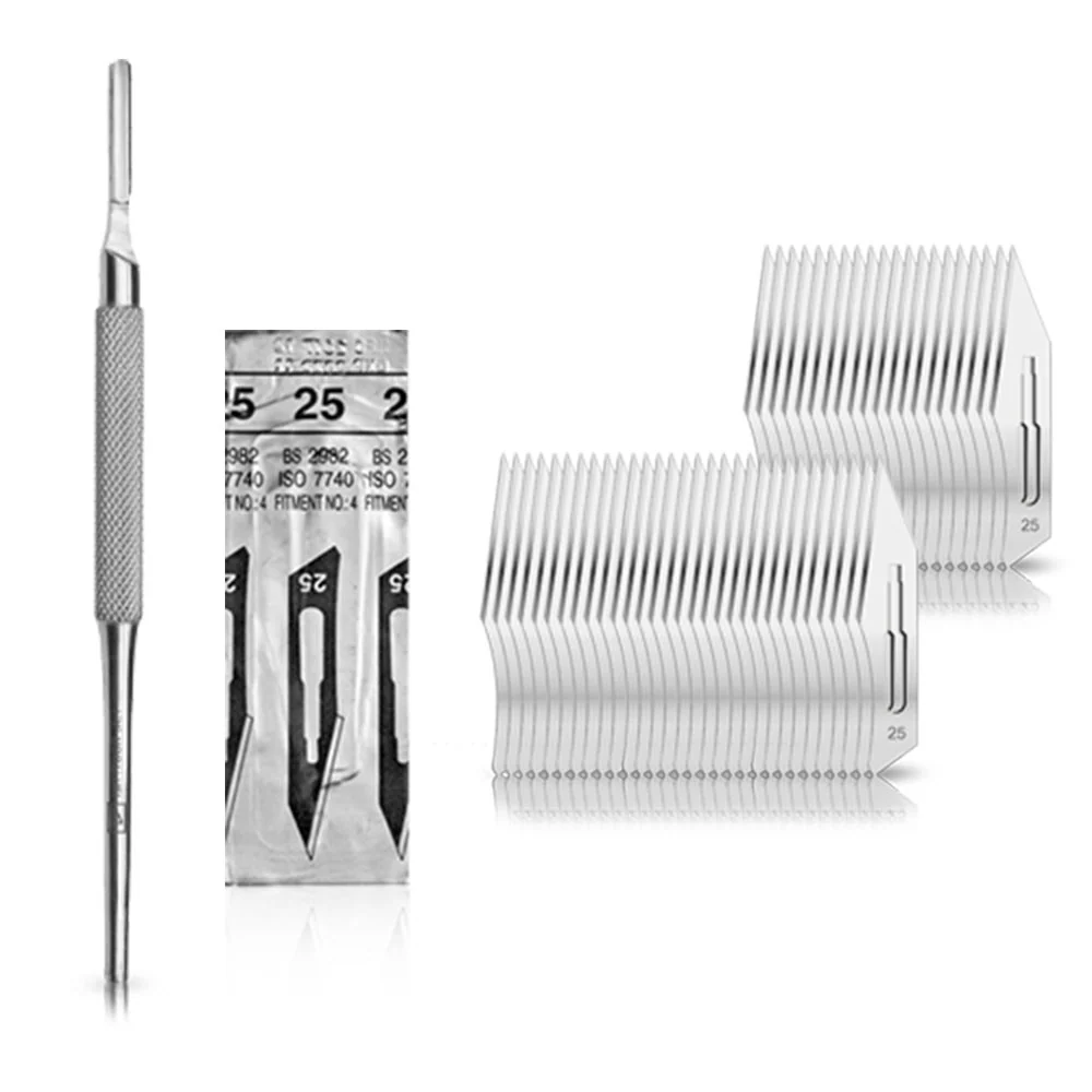 Set - 50 stycken skalpellsblad figur 25 av kolstål - reservblad individuellt sterilt förpackade + 1 x May - skalpellhållar...