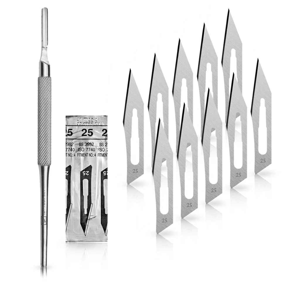 Set - 10 stycken skalpellsblad figur 25 av kolstål - reservblad individuellt sterilt förpackade + 1 x May - skalpellhållar...