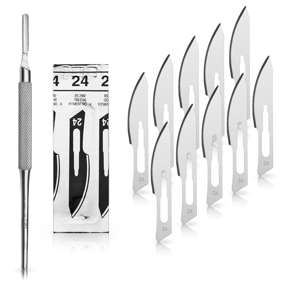 Set - 10 stycken skalpellsblad figur 24 av kolstål - reservblad individuellt sterilt förpackade + 1 x May - skalpellhållar...